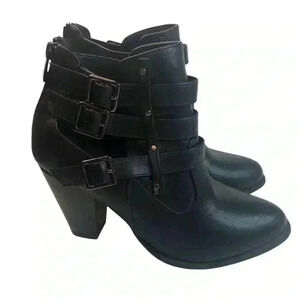 Restricted Womens Sz 7.5 Black Ankle Bootie Triple Buckles zip back